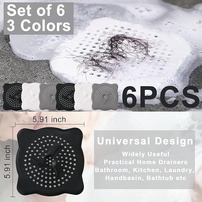 6 Pack Hair Drain Catcher with Suction Cups, 5.91x5.91 inch Universal Sink Strainer, Silicone Shower Drain Cover, Suit for for Bathroom Bathtub Tub Kitchen, 3 Colors 6pcs Hair Stoppers Included