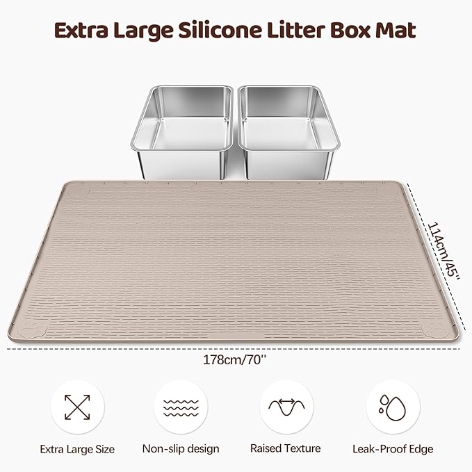 Bartuke Cat Litter Mat, XXL Extra Large 70" x 45" Silicone Mat Litter Trapping Mat for Scatter Control, Soft on Kitty Paws, Easy to Clean (Khaki)
