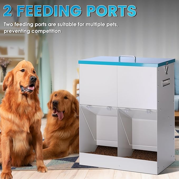 46lbs Automatic Dog Feeder for 2 Dogs Large Breed Dog Food Dispenser Outdoor Gravity Dual Pet Feeder Galvanized Steel Hangable Outside Pet Feeding Station