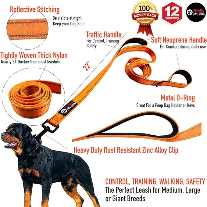 Primal Pet Gear Dog Leash 6ft Long,Traffic Padded Two Handle,Heavy Duty,Reflective Double Handles Lead for Control Safety Training,Leashes for Large Dogs or Medium Dogs,Dual Handles Leads(Orange)