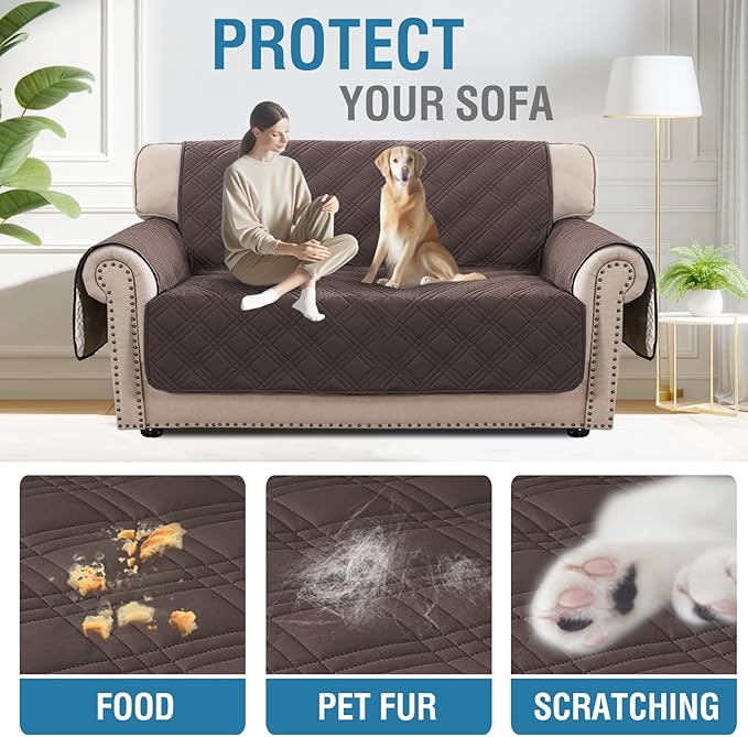 H.VERSAILTEX 100% Waterproof Couch Cover 2 Cushion Sofa Modern Sofa Covers Waterproof and Washable Thick Soft Couch Cover for Pets with Elastic Straps(Loveseat,Chocolate/Beige)