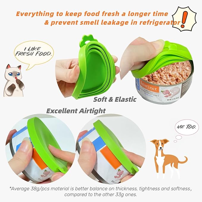 MoPawKT- Silicone Pet Food Can Covers Lids, 3 Inner Diameters 2.6”/3”/3.4” Fit for 3-15 oz Standard Cat & Dog Food Cans/Tins, Multi-Size Canned Food Covers, BPA Free, Reusable (Blue+Green, 1 spoon)