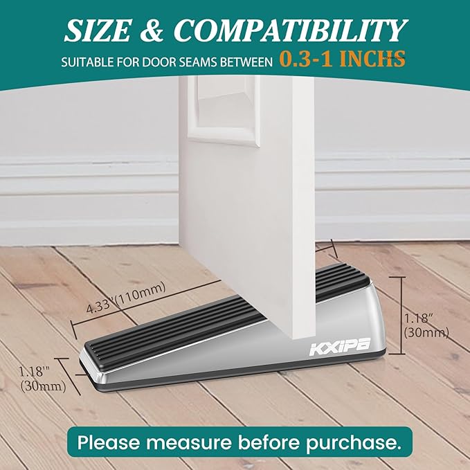 2 Pack Rubber Door Stopper Wedge - Heavy Duty Door Stoppers Stop Wedge Made of Premium Quality Brushed Stainless Steel, Wall Protector for Home & School with Self Adhesive Holder Matt Chrome