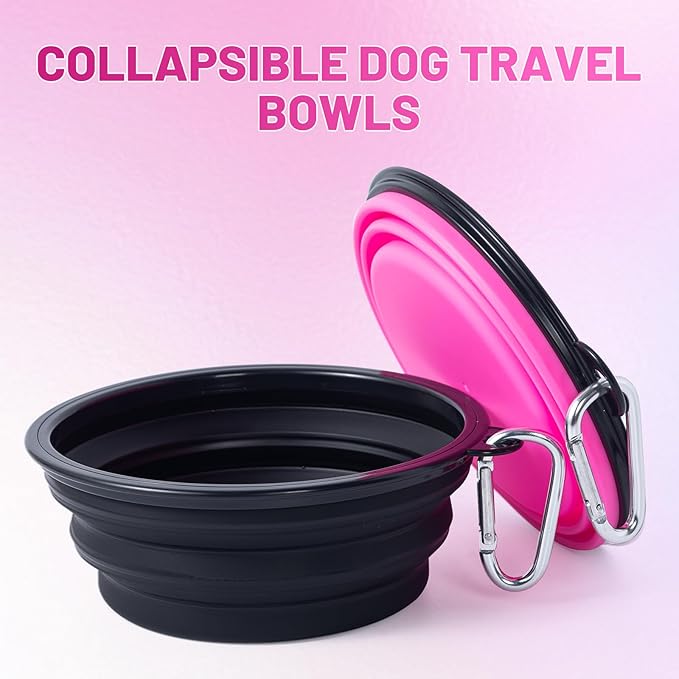Dog Bowl Pet Collapsible Bowls, 2 Pack Collapsible Dog Water Bowls for Cats Dogs, Portable Pet Feeding Watering Dish for Walking Parking Traveling with 2 Carabiners (Black+Pink, Medium)