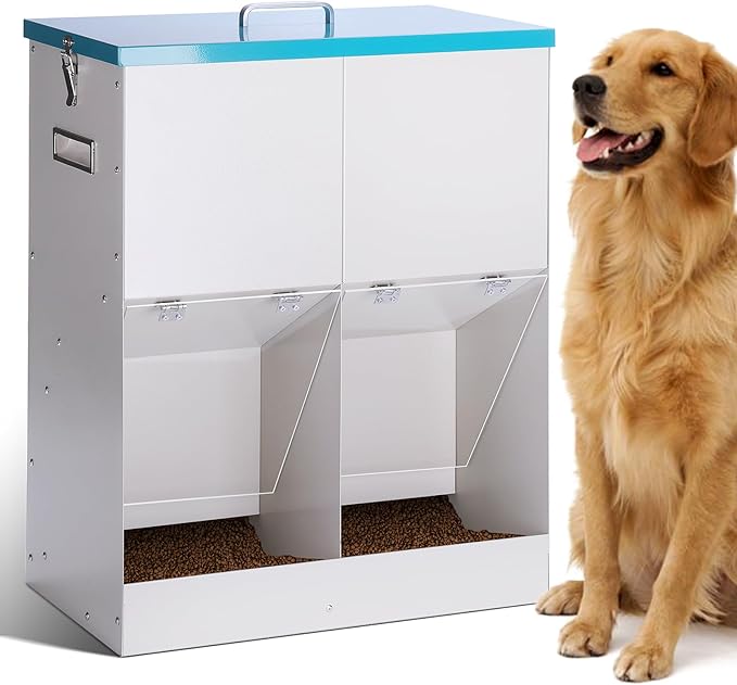 46lbs Automatic Dog Feeder for 2 Dogs Large Breed Dog Food Dispenser Outdoor Gravity Dual Pet Feeder Galvanized Steel Hangable Outside Pet Feeding Station