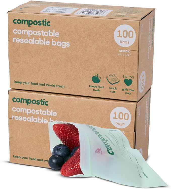 Compostic Home Compostable Resealable Snack Bags, Microwave & Freezer Safe, Organic Food Storage Container, 180 Count + 20 Bonus Bags