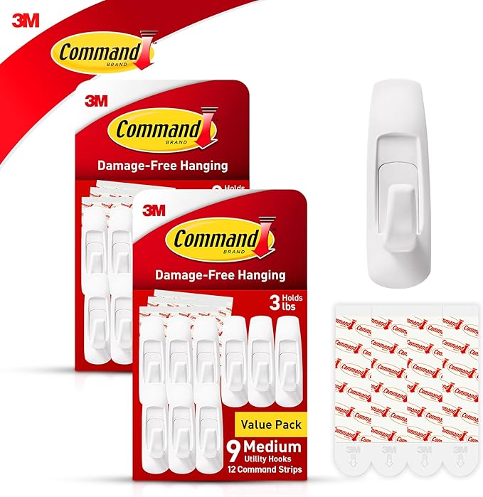 Command Medium Utility Wall Hooks with Adhesive Strips, No Tools Required for Hanging Organizational Items in Living Spaces, 18 White Hooks and 24 Strips