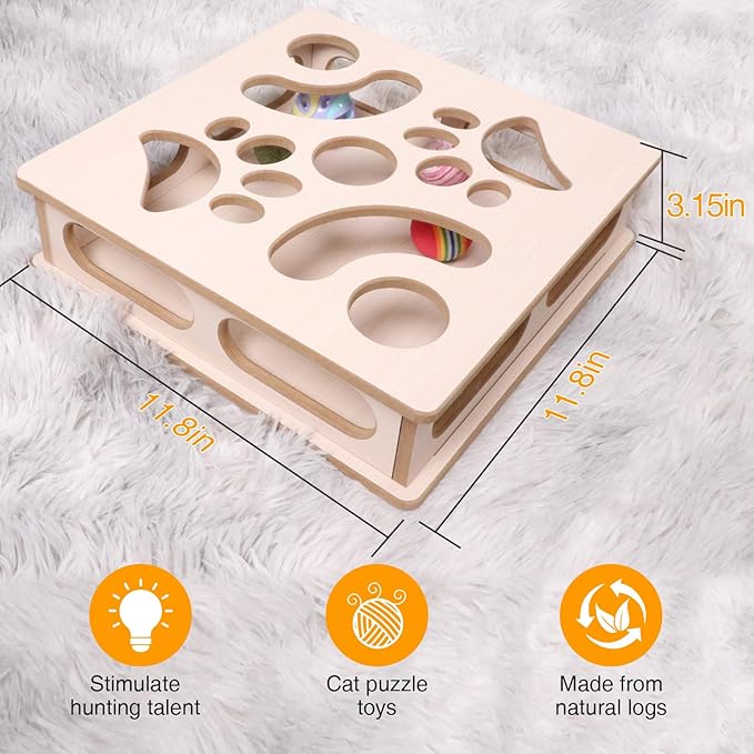 DI BI GRAMAS Cat Interactive Box Puzzle Toy with 3 Small Balls and 1 Bell Indoor Hunting Exercise Toy for Kittens Natural Wood Material