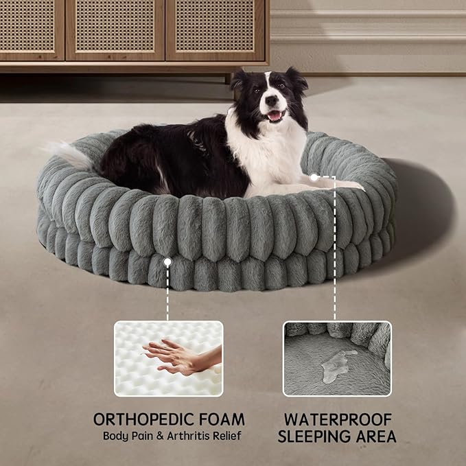 BALANCE Luxury Donut Dog Bed, 36 Inches Round Dog Beds Large Sized Dogs Washable, Orthopedic Calming Dogs Bed for Pets with Anti-Slip Bottom, Gray