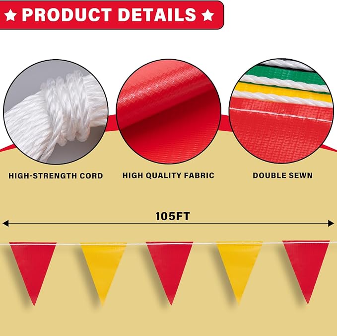 105ft Pennant Banner Flags, 7x10 Red and Yellow 45 Pcs High Visibility Safety Flagging on String, Triangle Pool Flag for Backstroke, Construction Events Party Decoration Parking Marking Outside