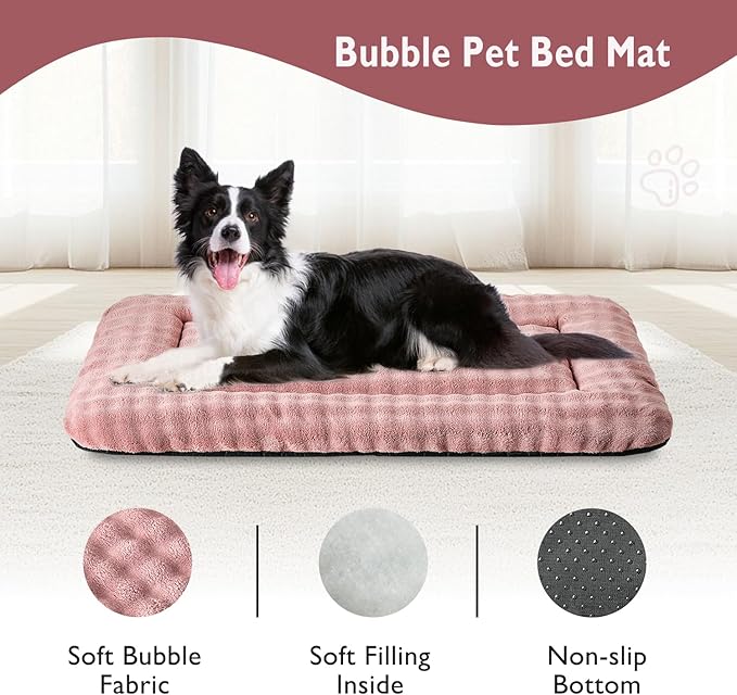 Dog Bed Mat Crate Pad for Large Dogs, Washable Soft Pet Sleeping Mat Kennel Pad with 3D Bubble Pattern, Dusty Pink, 36"x 23"