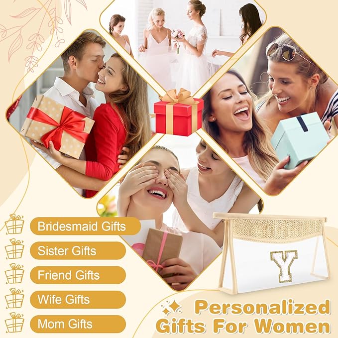 Personalized Initial Letter Bag Boho Straw Clear Makeup Bag,Small Cute Chenille Varsity Letter Bag With Zipper,Beach Travel Toiletry Bag,Portable Monogrammed Cosmetic Bag for Women Girls,Y