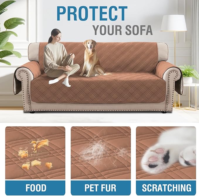 H.VERSAILTEX 100% Waterproof Couch Covers for Dogs Modern Sofa Slipcovers with Elastic Straps Thick Soft Couch Protector from Cat Claws(Sofa, Terracotta/Beige)