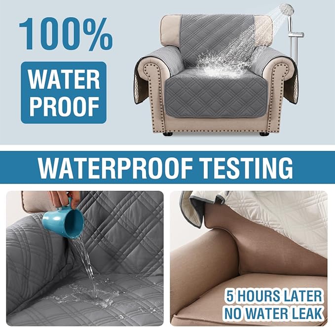 H.VERSAILTEX 100% Waterproof Chair Covers for Living Room Armchair Modern Couch Cover Furniture Protector Cover with Elastic Straps for Pets Kids Children Dog Cat(Chair, Grey/Beige)