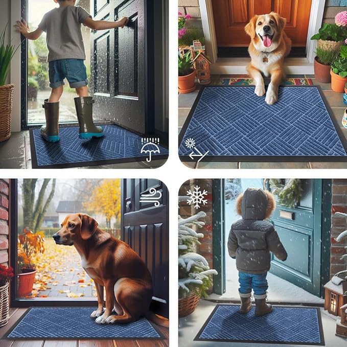 Smiry Front Door Mat Outside Entrance, Heavy Duty Outdoor Indoor Mat, Natural Rubber Doormat, Non Slip, Trap Dirt and Moisture, Easy Clean, Low Profile Patio Porch Entryway Mat, 59x35, Blue