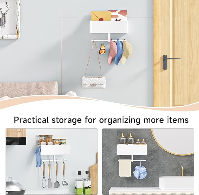 Dog Leash Holder for Wall, Dog Leash Hooks, Pet Stuff Organizer with Shelf Storage, Metal Key Holder, Leash Hangers Organizer Rack for Pet Collar, Toys, Treats, Poop Bag (White)