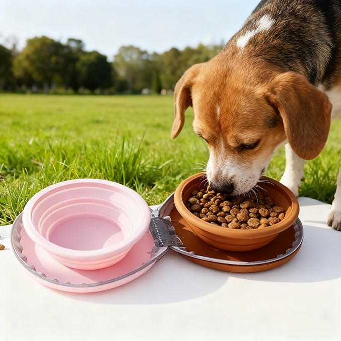 Collapsible Dog Bowls,2-in-1 Pet Bowl, Cat Bowl,Portable Pet Bowl, Suitable for Travel, Camping, and Hiking (Brown and Pink)