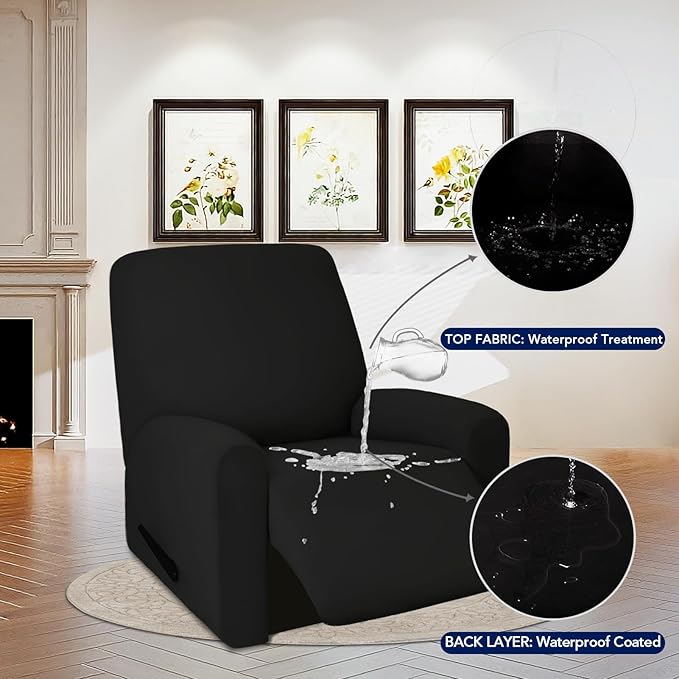 PureFit 100% Dual Waterproof Couch Cover Slipcovers for Couches and Sofas - Stretch Non Slip Fleece Sofa Covers Washable, Leakproof Furniture Protector for Kids, Pets, Dog (Recliner, Black)