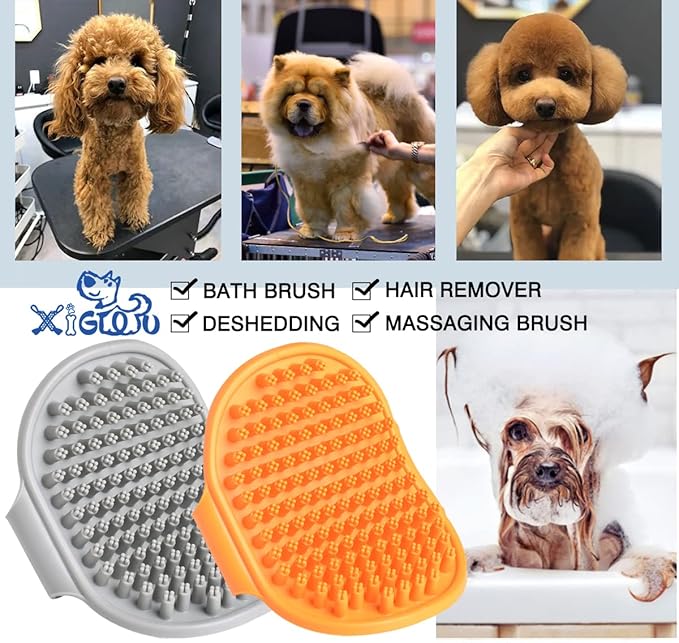 Dog Bath Brush, 2 Pcs Short Hair Grooming Brush for Dogs & Cats - Soothing Massage Rubber Bristles Curry Comb with Adjustable Handle