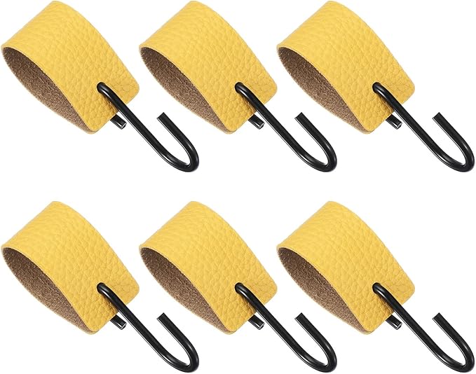 uxcell 6 Pcs PU Leather S Hooks, Multifunctional S Shaped Hooks for Hanging Coat Towel Camping Kitchen Bathroom Handle, Yellow