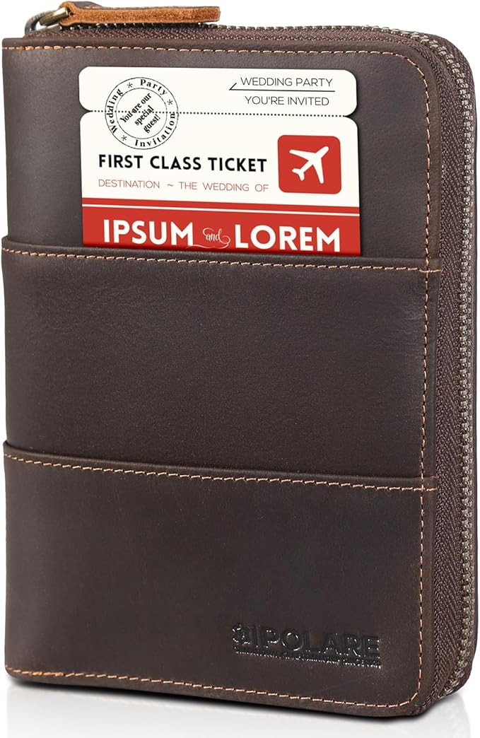 Polare Full Grain Leather Travel Passport Wallet with YKK Zipper and RFID Blocking Document Organizer Holder 2 Passports (Dark Brown)