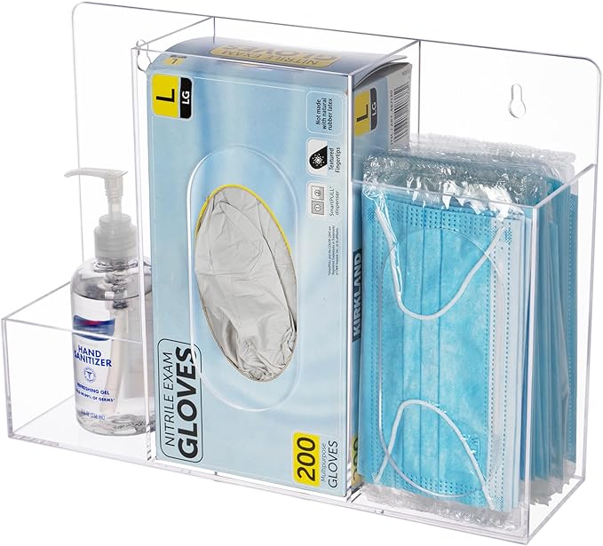 Aphbrada Acrylic Hygiene Dispenser Station with 3 Compartments - Triple Sanitation Station Holder Dispenser for Face Masks, Gloves Box, Hand Sanitizer, Hairnets, Tissues- Wall Mount or Tabletop