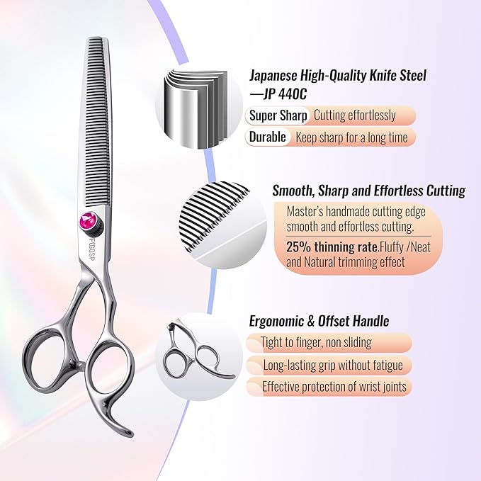 Thinning Shears for Dogs Grooming 7.5 in Professional Long Dog Thinning Shears 50 Teeth Dog Grooming Scissors for Pet Cat Japan 440C Stainless Steel 30% Thinning Rate(7.5'',Blending)