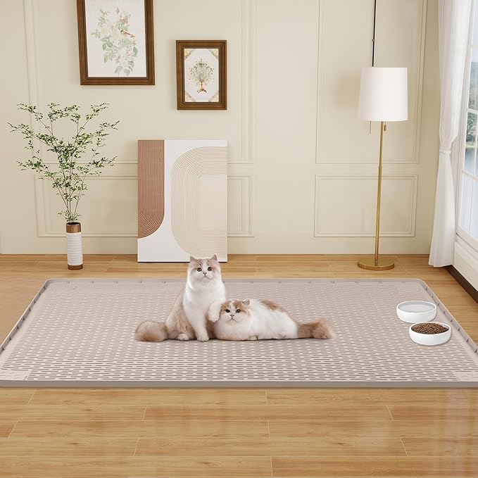 Bartuke Cat Food Mat, 50" x 35" Extra Large Silicone Pet Feeding Mat with Raised Edge Pet Placemat for Food and Water Bowl Non-Slip, Easy to Clean, Floor Protection (Khaki)