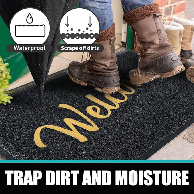 T.HENV Welcome Mat Outdoor Indoor, 32x20, Black-Gold, Non Slip, Waterproof, Quick Dry