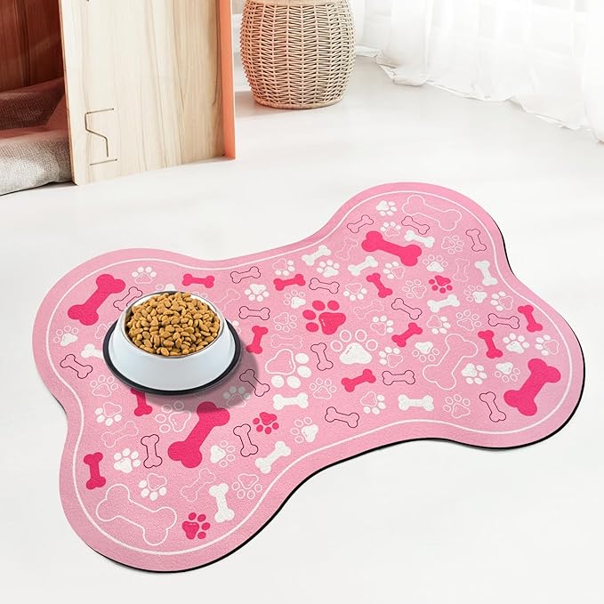 Dog & Cat Food Mat Bone Shaped Pet Feeding Mat Quick Absorb Water Bowl Placemat with Rubber Backing Indoor Floor Stain Resistant Pet Accessory Supplies (Light Pink, 16x24 Inches)