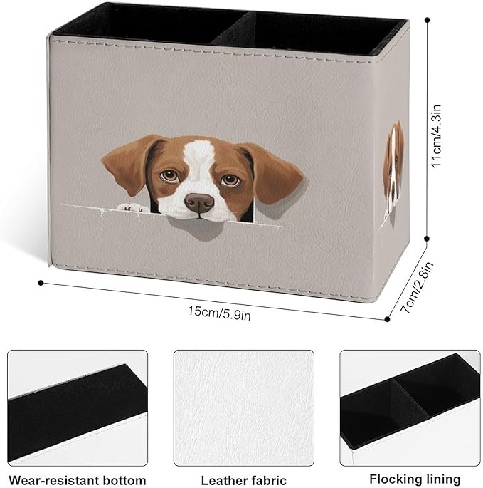 Famame Brown And White Dog Pencil Holder for Desk, Leather Desktop Container Pen Cup Storage Study Table Pen Organizer Makeup Brush Holder for Classroom Office Home