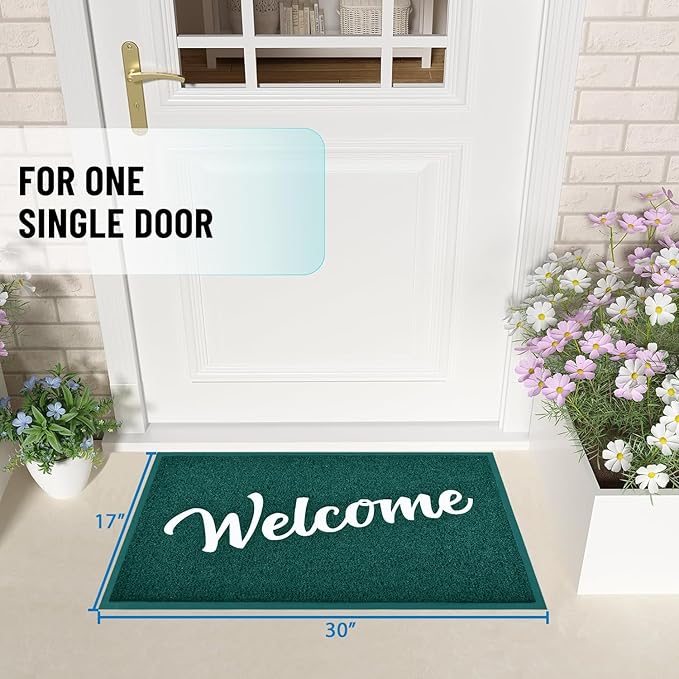 T.HENV Welcome Mat Outdoor Indoor, 30x17.5, Green-White, Non Slip, Waterproof, Quick Dry