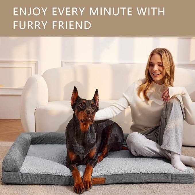 Patas Lague Orthopedic XL Dog Bed Large Sized Dog 48''X30'', Waterproof L Bolster Big Large Pet Sofa Beds with Removable Washable Cover, Soft Pet Couch Crate Mat with Nonskid Bottom, Grey
