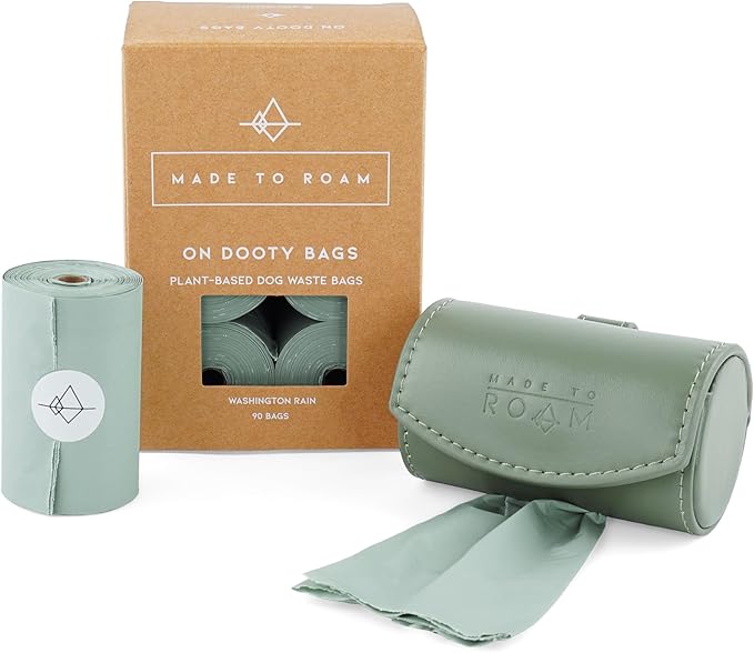 MADE TO ROAM On Dooty Pack - Premium Dog Poop Bag Holder for Leash, Vegan Leather Waste Bag Dispenser for Poop Bag Rolls (Set - Oregon Haze, On Dooty Set (Holder + 1 Box of Bags))