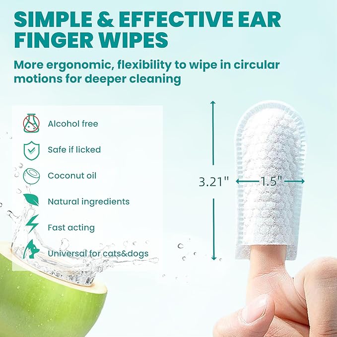Ear Cleaner Finger Wipes 120 Counts, Dog Ear Cleaner, Grooming Kit Care for Dogs and Cats, Soft & Easy Otic Cleaning Pads, Remove Wax, Dirt & Stop Smelly, Itchy, Non-Irritating, Coconut Scent