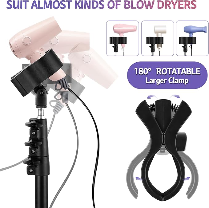 ERYTLLY Hair Dryer Stand Hair Dryer Holder with Tripod Hands Free 360-Degree Rotating Universal Clip Adjustable Height from 30-62 Inch Metal Blow Dryer Holder for Bathroom, Vanity, Makeup Room