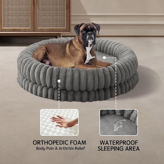 BALANCE Luxury Donut Dog Bed, 43 Inches Round Dog Beds Large Sized Dogs Washable, Orthopedic Calming Dogs Bed for Pets with Anti-Slip Bottom, Gray