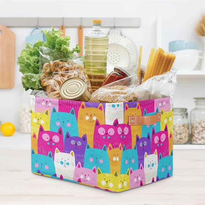 Cute Cats Colorful Storage Bins Cubes Collapsible Fabric Storage Baskets Toy Organizer with Handles for Book Office Shelf Shelves