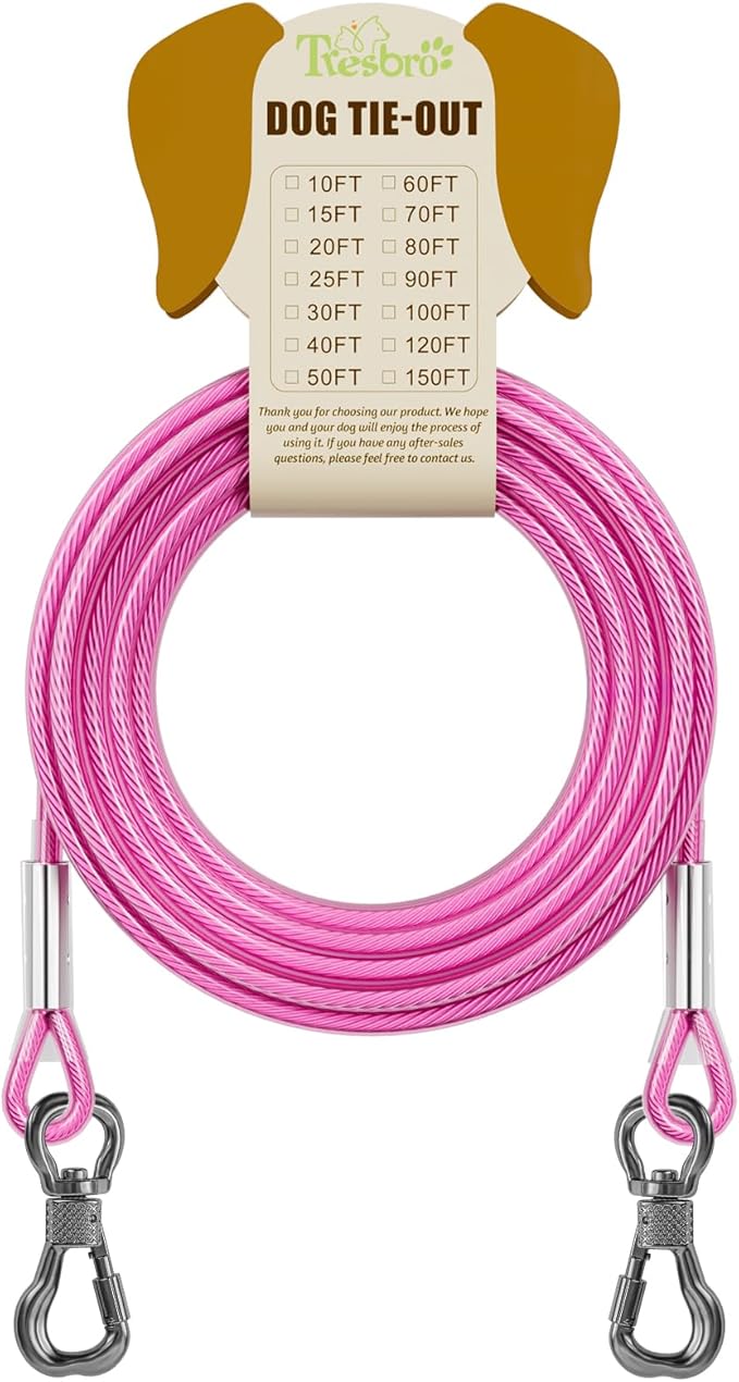 Tresbro 30FT Reflective Tie Out Cable for Dogs Up to 250 Pounds, Steel Wire Lead Leash Cable with Stainless Rotatable Buckle, Lightweight and Enduring, Dog Chains Outside for Outdoor, Yard, Pink