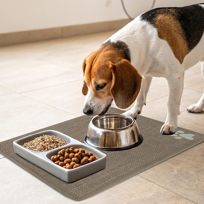PUPTECK Dog Food Mat, Absorbent Pet Cat Feeding Mat for Food and Water Bowls, Anti-Slip Dog Placemat for Floors Waterproof, Pet Supplies Accessories, Khaki M