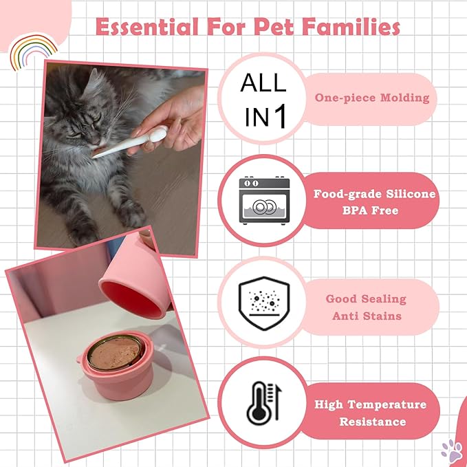 Original Canned Dog Food Storage Container & One Can Spoon | Silicone Can Cover Pet Food Sealer & Cute Paw Shape Opener Spatula | BPA Free, Airtight, Dishwasher & Freezer Safe (Dark Blue+Pink)