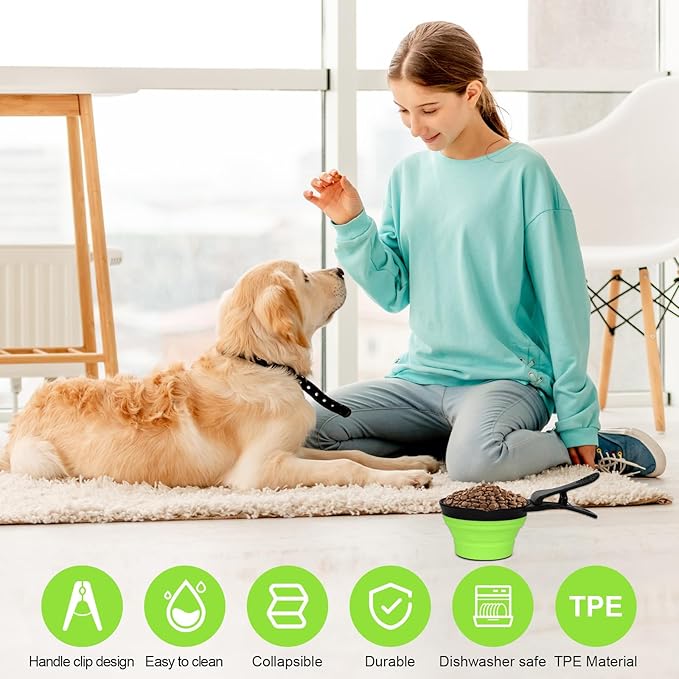 PNEUICALLY Collapsible Dog Food Scoop Foldable Pet Food Bag Clip 3 in 1 Multi-function Silicone Cat Food Measuring Cup Scoop Dog Food Scooper Pet Food Storage Clip (Green, 2 Cup Capacity(1 Pack))