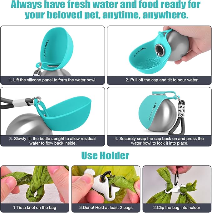 Portable Dog Water Bottle 10oz Stainless Steel Travel Dog Water Dispenser with Bowl No-Spill Puppy Water Bottle for Walking Hiking Small Dog Water Bottle, Includes Waste Bag Holder