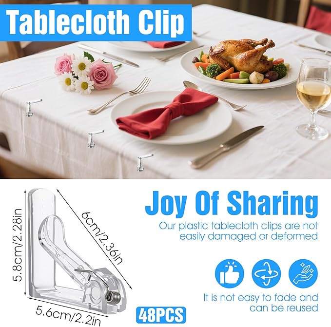 48pcs Tablecloth Clips Table Cloth Clips Picnic Clear Plastic Clip-Clamp Holder Table Tablecloth Clip Bulk for Outdoor,Wedding Picnic Tables Camping tablecloths Party Essentials