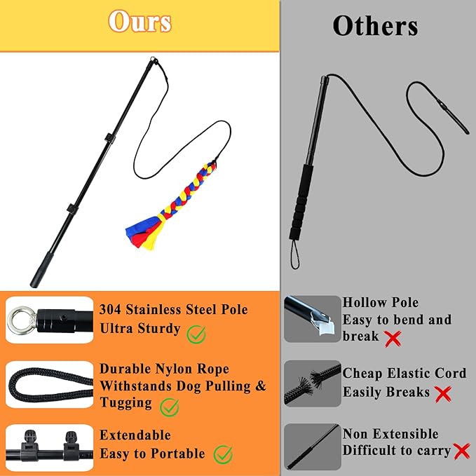 ASOCEA Flirt Pole for Dogs, Heavy Duty Dog Teaser Wand with 3 Replacement Chew Rope, Interactive Tug of War Chase Toy for Small Medium Large Dogs Portable Outdoor Exercise Training Play Equipment