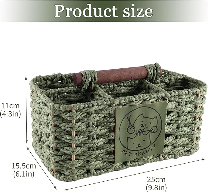 Dog Grooming Organizer,5 Compartments Caddy for Dog Cat Supplies,Handwoven Paper Rope Organizer with Handle,Ideal for Pet Shampoo,Trimmer,Clipper,Combo,Brush-Green