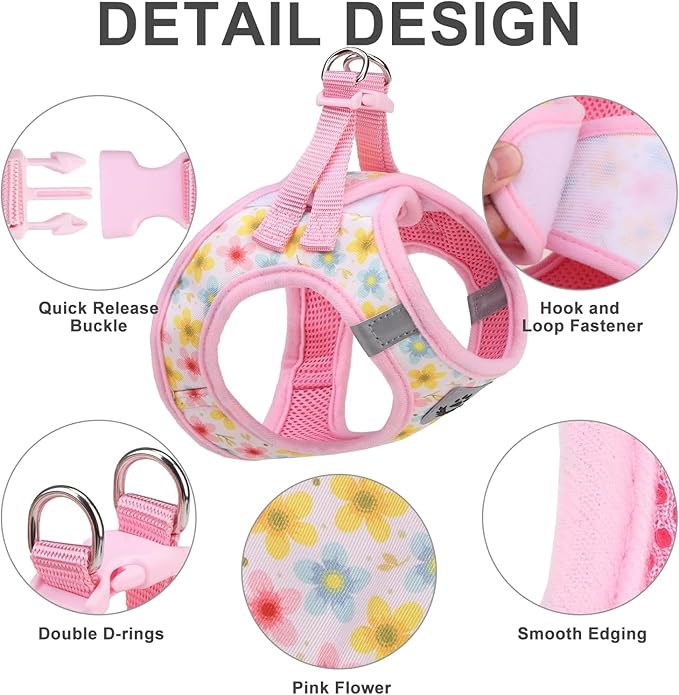 EXPAWLORER Small Dog Harness and Leash Set - Cute Puppy Harness Leash Dog Collar with AirTag Holder Silicone Case, Soft Padded Step in Pet Vest Reflective for Outdoor Walking, Floral XS