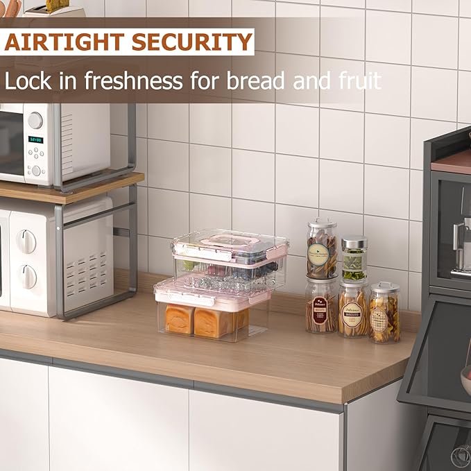 Bread Box with Ice Chilled Condiment Caddy, Portable Airtight Storage Container with Lid Handle for Kitchen Counter, Keeper for Homemade Bread, Toast, Bagel, Cookies, Pink