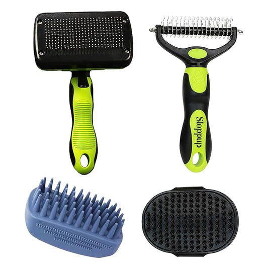 PETIMP STORE Dog Brush Kit for Grooming Short & Long Haired Dogs & Cats, 4-in-1 Pet Grooming Set with Self-Cleaning Slicker Brush, Deshedding Tool, Shampoo Bath Comb, Massge Comb (Green Black)