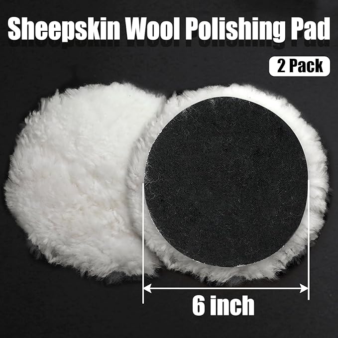 PHITUODA 2 Pcs Wool Polishing Pad 6 Inches Soft Sheepskin Buffing Pads with Hook and Loop Back for Compound Cutting & Polishing for Automotive, Marine, Furniture